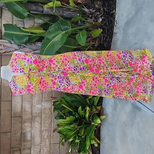 Vintage 1970s Green Pink Maxi Dress Small